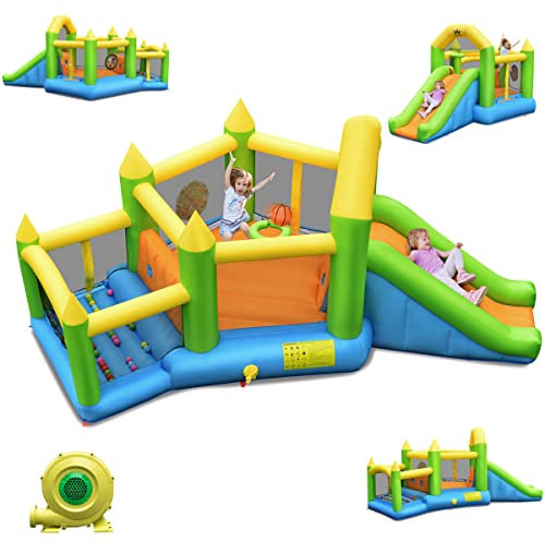 COSTWAY Château Gonflable en Forme de Pentagone avec Toboggan, Maison de Rebond Gonflable avec Piscine à Balles, Panier de Basket, Intérieur Extérieur pour 3 Enfants de 3-10 Ans(avec souffleur 450W)