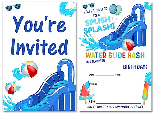 Splish Splash Water Slide Bash Party Invitations with Envelopes Set of 20 Blue Summer Water Slide Theme Birthday Party Invites Fill in Blank