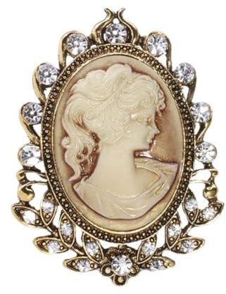 Brosche Schmuck Gesicht Kamee Strass Kristall Beige Stahl Bronze Vintage Stil, 6 x 4 cm, Edelstahl