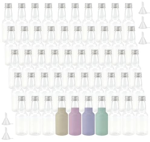 MOUYAT 50 Pack 50ml Mini Liquor Bottles, Plastic Juice Bottles with 5 Funnels, Small Empty Shot Bottles with Screw Caps for Travel Birthday Wedding Party Celebration and Event