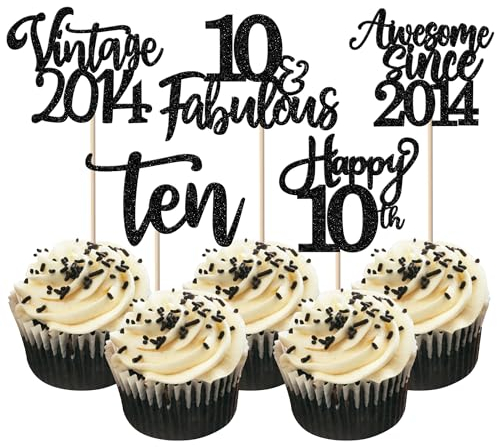 30 Stück Vintage 2015 Tortendeko Glitzer Happy 10th Ten Awesome Since 2015 Cupcake Toppers 10 Fabulous Kuchen Deko für 10. Geburtstag Hochzeitstag Party Kuchen Dekorationen Schwarz