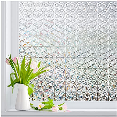 Lifetree Fensterfolie Blickdicht Milchglasfolie Selbstklebend: Glass Regenbogen 3D Prisma Sonnenschutzfolie Sichtschutzfolie Fenster Folie Anti-UV für Küche, Badezimmer und Büro Reine Farbe 75x300cm