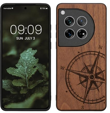 kwmobile Hülle kompatibel mit OnePlus 12 Hülle - Holz Case - Handy Cover - TPU Handyhülle in Dunkelbraun Kompass Vintage