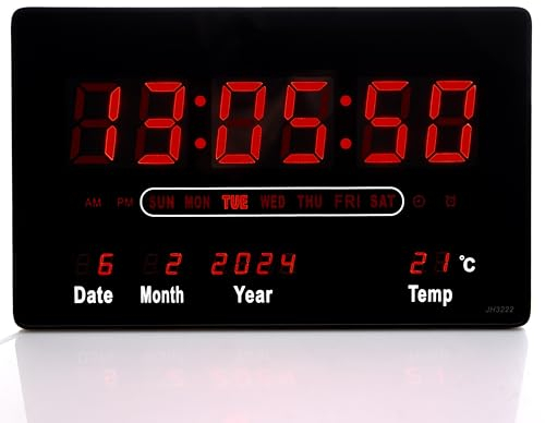 TruWare Just Camp Wanduhr Digital Groß LED Uhr mit Kalender Digitaluhr mit Temperaturanzeige und Wecker Studiouhr für Gewerbe Cafés Kiosk Hallenuhr L (Rot)