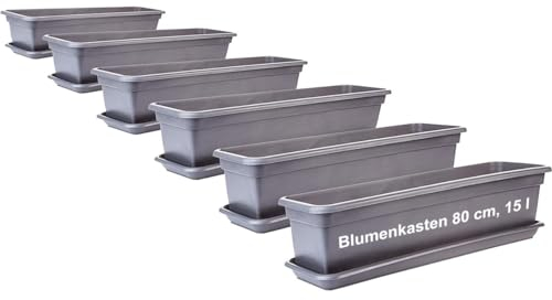 2friends Balkon Blumenkasten Set 80cm, 6er-Pack, mit Untersetzer, Kunststoff, EU-Fertigung, Anthrazit