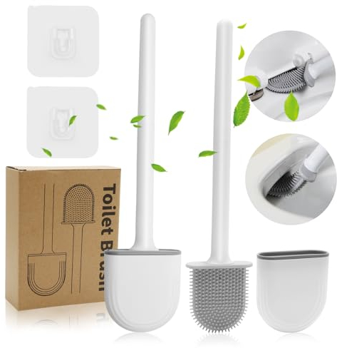 Lot de 2 brosses WC en silicone et supports pour salle de bain - Brosse WC plate et flexible - Sans gouttes - Fixation murale - Poils pliables pour le nettoyage des coins - Gris et blanc