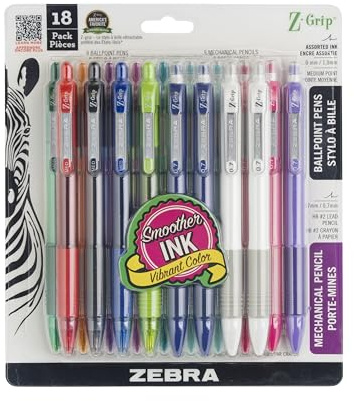 Zebra Pen Z-Grip Schreibset, einziehbarer Kugelschreiber mit mittlerer Spitze und Druckbleistift, #2 HD-Bleistifte, verschiedene Tintenfarben, Schulbedarf, ideal für Notizen, 18er-Pack (23618)