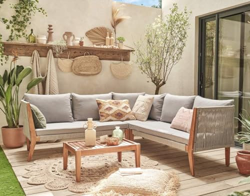 Best Mobilier - Papua - Salon Bas de Jardin 5 Places - Bois, Corde et Coussins Gris - Bois/Gris