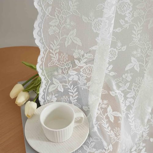 FINECITY Spitzenvorhänge, 137 cm Länge, für Schlafzimmer, rustikales Blatt-Blumenmuster, Spitzenvorhang, Stangentasche, Vintage, Sichtschutz, Fenster, durchscheinende Spitzenvorhänge, 106,7 x 137,2 cm