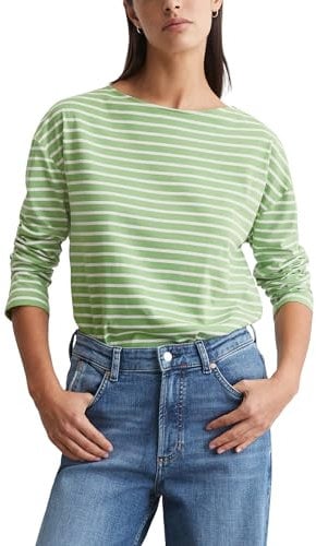 Marc O'Polo Denim Damen Langarmshirt mit U-Boot-Ausschnitt gestreift, Grün (Medium Green Multi 03), XXS