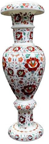 18 Inches Pietra Dura Art Flower Pot for Garden Decor White Marble Plant Stand from Indian Heritage Crafts