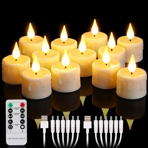 yunsheng Wiederaufladbare flammenlose Teelichter Kerzen mit Fernbedienung Timer & Ladestation, 12Stk Aufladbar batteriebetriebene LED Elektrische kerzen Flackern für Haus Kerzenhalter Dekoration