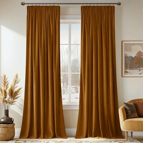 MIULEE Samtvorhang mit Kräuselband 2er Set 140X260 cm, Schöne Dicke und Schwere Wohnzimmer Schlafzimmer Deko Blickdichte Vorhänge, Golden Braun Samt Gardinen Verdunkelung Thermovorhang Samt