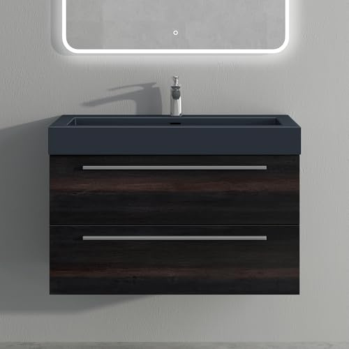 Mai & Mai Badmöbel-Set Waschbeckenunterschrank 90 cm, Waschtisch mit Unterschrank in Dunkelgrau, inkl. Waschschbecken aus Mineralguss Quadratto
