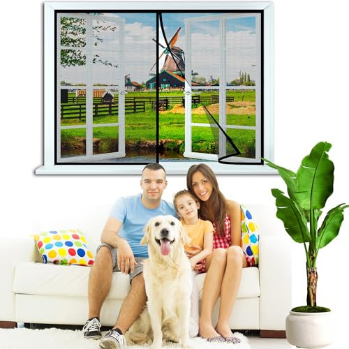 Pollenschutzgitter 95x225cm zuschneidbarer,transparenter Pollenschutz für Allergiker - für nach innen öffnende Fenster - inkl. selbstklebendem Klettband Schwarz