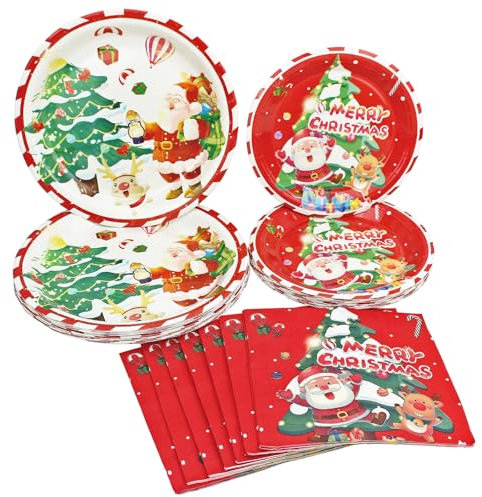 YankMooM 60Pcs Christmas Tableware Set,20 Guests 9inch/7inch Disposable Christmas Paper Plates and Napkins Set Red Christmas Plates for Christmas Party Supplies Tableware Decorations