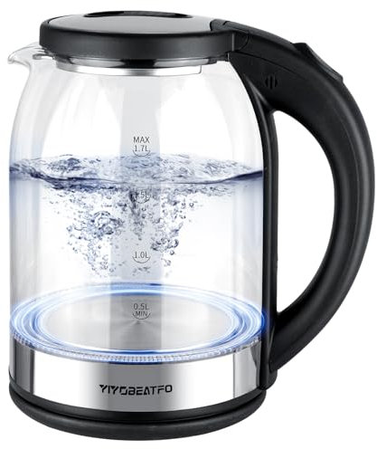 YIYOBEATFO Electric Kettle, 1.7L Glass Hot Water Boiler Kettle For Coffee & Tea,Easy Clean Wide Opening Water Heater Electric with LED Light,360°Rotation,Auto Shut-Off&Boil Dry Protection
