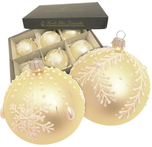 Krebs Glas Lauscha - Weihnachtsdekoration/Christbaumschmuck aus Glas - Kugel Floral & Schneeflocke - Farbe: Champagne Satin - Menge: 6 Stück - Größe: ca. 8 cm