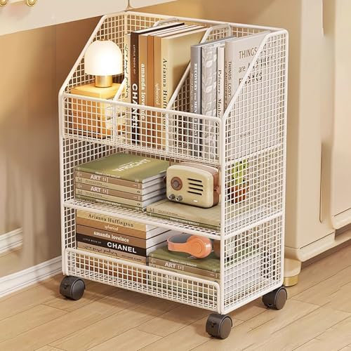 MTSYXYM Kinder-Bücherregal,Zeitschriftenständer,Küchenregal mit Rollen,Regal freistehend für Flur,für Kleinen Raum,Für Schlafzimmer Wohnzimmer Arbeitszimmer Büro.(Wit)