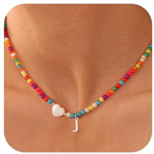 TINGN Geschenke für Mädchen - Teenager Mädchen Geschenke, Kette mit Buchstaben J Bunte Perlenkette Boho Schmuck Silber Kette Perlenkette Damen Bunt Halskette Schmuck Kinder Teenager