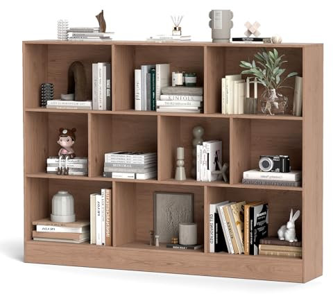 KOMFOTTEU Bücherregal 10 Fächern, Offenes Würfelregal 3 Ebenen, Standregal Aufbewahrungregal mit Kippschutz, Büroregal Spielzeugregal Holz (Natur, 140 x 24 x 104 cm)