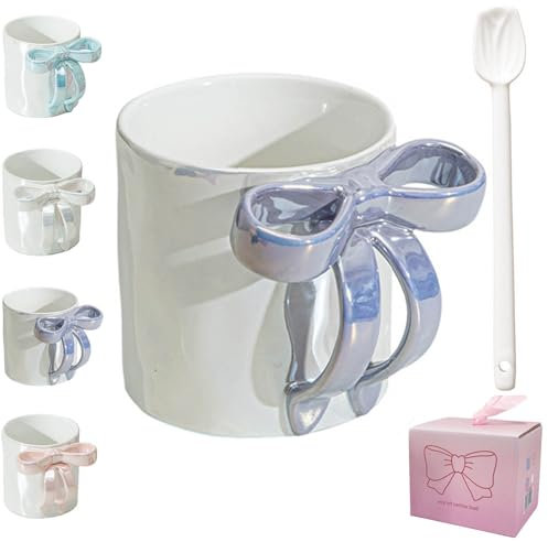 Ceramic Coffee Mug with 3D Bow, 12oz Charming Ribbon Mugs with Bow Handle, 350ml Ceramic Christmas Bow Hot Coffee Mug, Pink Bow Christmas with Spoon for Valentine's Christmas Birthday Gifts (Purple)