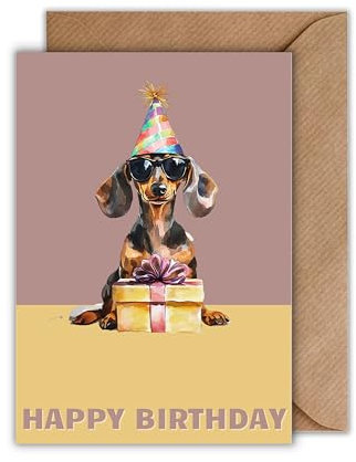 Lustige Geburtstagskarte mit Dackel-Motiv mit Umschlag - Geburtstagskarte “Happy Birthday” Dackel mit Sonnenbrille Glückwunschkarte Herzliche Geschenkkarte zum Geburtstag Hundeliebhaber (DIN A6)