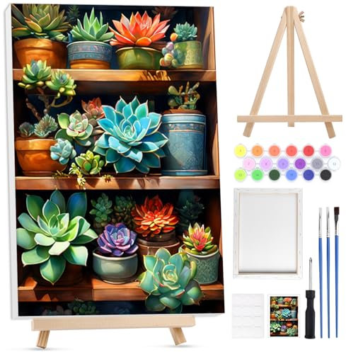 Lxmsja Fleur Peinture Numero Enfant Adulte avec Cadre, avec Chevalet en Bois, Plante en Pot Peinture par Numero Adulte, Numéro d'art avec Pinceaux, Loisirs Créatifs Activité Manuelle Adultes, 20x30cm