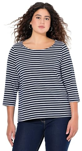 Ulla Popken Damen große Größen Übergrößen Plus Size Ringelshirt, Classic Fit, Rundhals, 3/4-Arm Marine 46+ 837114130-46+
