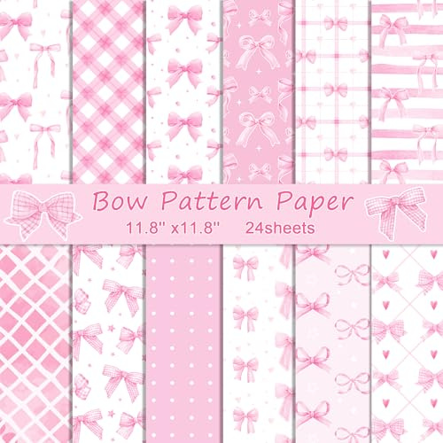 Konsait Lot de 24 feuilles de papier pour scrapbooking avec nœud rose - 30,5 x 30,5 cm - Papier cartonné double face imprimé à carreaux roses pour la fabrication de cartes, le scrapbooking