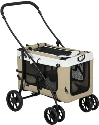 PawHut 2 in 1 Hundewagen Hundebuggy Klappbar, Hund & Katze bis 10 kg, Khaki | Katzenbuggy, Kissen, Netzfenster, Türen, Aufbewahrungskorb, Katzenwagen, Buggy