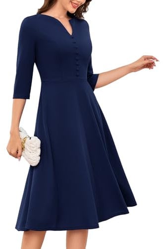 DRESSTELLS Wedding Guest Dresses for Women UK, Long Sleeve Fall Cocktail Formal Church Prom Vintage Tea Party Audrey Hepburn Midi Dress Navy L