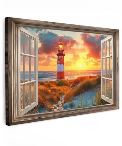 MuchoWow© Wandbilder Groß 120x80 cm XXL Wohnzimmer Wanddeko Schlafzimmer Zimmerdeko Wandgemälde Zimmer Deko auf Wand Dekoration Wall Art Fensterblick - Leuchtturm - Sonnenuntergang - Strand