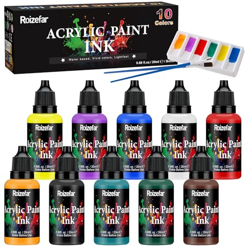 Roizefar Flüssiges Acryltusche Set, 10 Farben x 20 ml mit Pinseln & Palette | Schnelltrocknende, Permanente Acryl-Künstlertusche, ideal für Anfänger, Erwachsene, Künstler, Gießkunst, Zeichnungen & Kunst