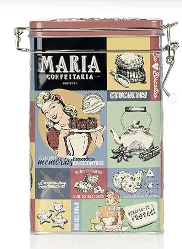 150 g Apfel-Zimt-Kekse in einer illustrierten Metalldose mit dem Thema Vintage - traditionelle portugiesische Kekse und Gourmet - ideal zum Teilen oder als Ergänzung zum Tee.