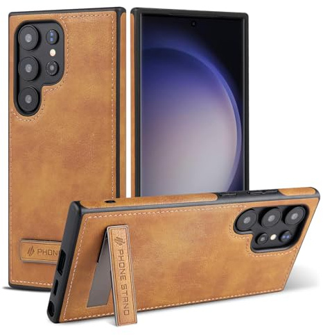 AIOVETEAB Cuir Coque pour Samsung Galaxy S23 Ultra,Premium PU Cuir,Béquille Métallique,Classique De Luxe,Etui Protection élégante Et Fine Ultra-Mince Coque,Marron