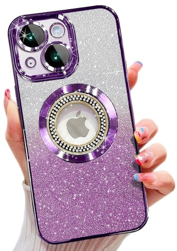 Misscase for iPhone 15 Magnetic Case,Cute Glitter Full Protection Slim Shockproof Anti-Scratch Bling Sparkly Case with Camera Lens Protector, Logo View Dust-Proof Net for Women Purple