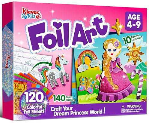 Klever Kits Princess Foil Art Kit for Kids - Arts & Crafts Supplies, Mess Free Coloring, Foil Foam Stickers, Creative Travel Toys, Birthday Gifts for Boys & Girls Ages 4 and Up