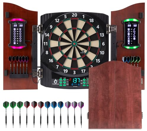 Electronic Dart Board with Wooden Door, Electric Dartboard with Heckler & Light Effects, Digital Soft Tip Dartboards for Game Room Man Cave Bar, 12 Darts, 100 Soft Tips