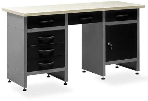 METALLMOBELL - Banco da Lavoro Officina, 160x60x84cm, con Cassetti e Armadietto, Tavolo da Lavoro Garage, Banco da Falegname MB09G