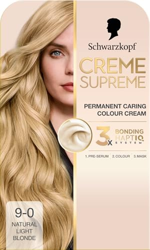 Schwarzkopf Creme Supreme Hair Dye, 9-0 Natural Light Blonde | Permanent; Caring Colouration, 3-Step Bonding System Against Damage, with Serum & Mask, 100% Grey Coverage, Even Results