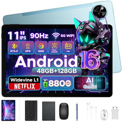 POCKAM P11 Newest 11 Inch Tablet, Android 16 Tablet with Gemini AI, 48GB RAM+128GB ROM/TF 2TB, T7250, 90Hz Display 8800mAh Tablets with Keyboard, Pen, 13MP+5MP, 3.5mm Headphone, 5G WIFI, Blue
