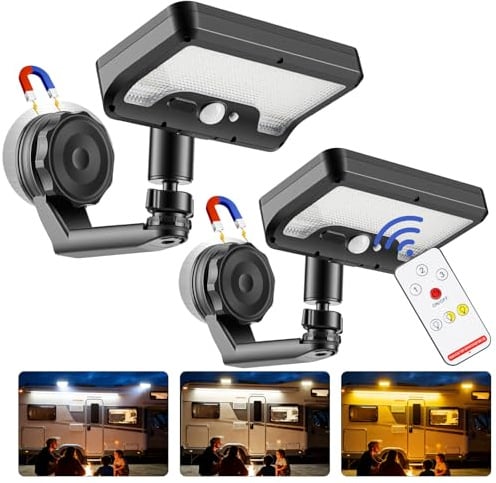 DZGKGM Luces solares magnéticas para exteriores con control remoto, USB y carga solar, 3 colores, sensor de movimiento, luces LED exteriores con soporte ajustable para escalón de caravana, toldo y