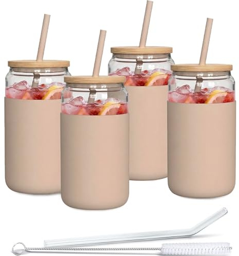 Aquafloow Vaso con pajita y tapa 500 ml | Vasos reutilizables Funda de silicona | Set de vasos - 2 pajitas 1 varilla de limpieza | Para batidos, café, cócteles - 4 piezas - Beige