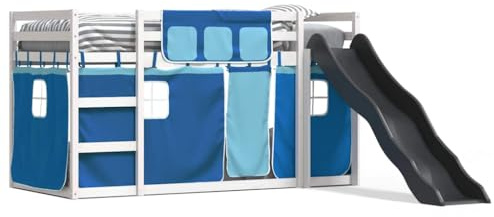 pokgdf Etagenbett mit Rutsche und Gardinen Blau 90x190 cm, Hochbett mit Rutsche, Kinderbett mit Vorhang und Rutschbahn