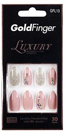 Halloween Nails Kiss Gold Finger Luxury Nail Lavishly Handcrafted with 3D Jewels 30 Long Design Nails/Pink Gel Glue 2ml / Manicure Stick Included (GFL13)