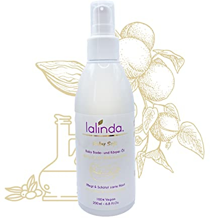 lalinda - Baby Bade- und Körperöl - für sanfte Reinigung und Body-Massage von sensitiver Babyhaut, 100% Naturöle, Vegan, OHNE Duft, in RECYCLING Pump-Flasche 200 ml