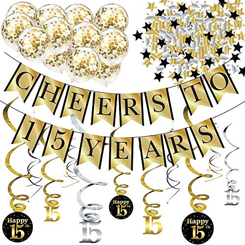 15. Geburtstag Party Dekorations-Set – Cheers to 15 Years Banner, Ballons, Wirbelgirlanden und Konfetti Partyzubehör für Geburtstage, Jahrestage und weitere Anlässe