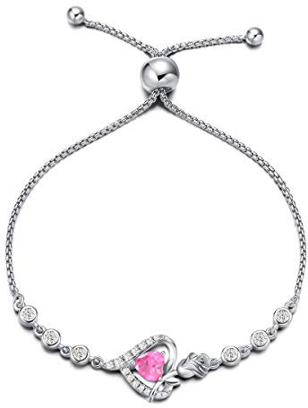 Agvana Damen Armband Herz, 925 Sterling Silber Geburtsstein Armbänder, Oktober Birthstone Erstellt Turmalin Rose Blume Herz Verstellbare Armband Edlen Schmuck Geschenk für Frauen Ehefrau Mama