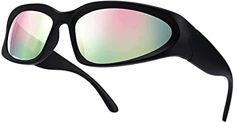 YUELUQU Y2K Wrap Around Sunglasses Men's Women's Futuristic Outdoor Sports Sunshade UV400 Glasses (Black Frame/pink Lens)